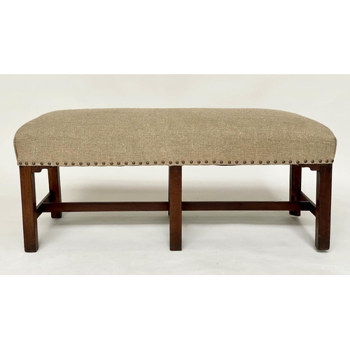 267 - HALL BENCH, George III mahogany, rectangular studded raw linen upholstered with stretched supports, ... 