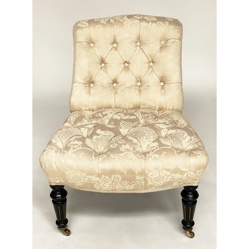 269 - SLIPPER CHAIR, Victorian aesthetic period ebonised and gilt with buttoned cream brocade upholstery, ... 