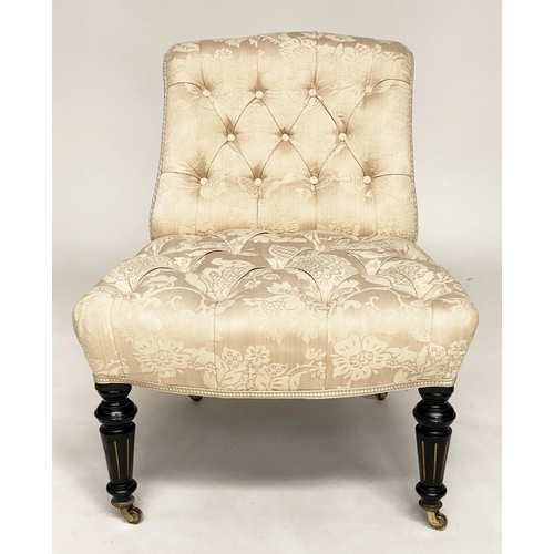 269 - SLIPPER CHAIR, Victorian aesthetic period ebonised and gilt with buttoned cream brocade upholstery, ... 