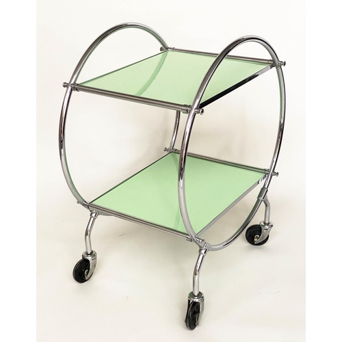 271 - ART DECO TROLLEY, chrome with two glass shelves and castors, 84cm H x 69cm x 49cm.