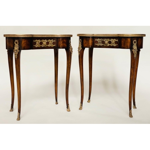 272 - THEODORE ALEXANDER LAMP TABLES, a pair French style, figured walnut and gilt metal mounted, each kid... 