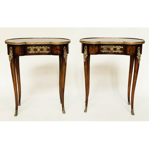 272 - THEODORE ALEXANDER LAMP TABLES, a pair French style, figured walnut and gilt metal mounted, each kid... 