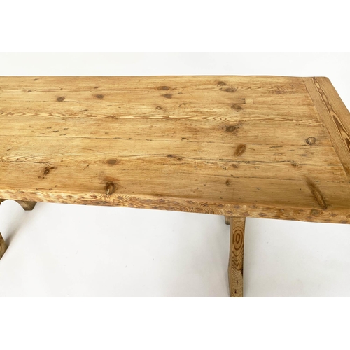 249 - FARMHOUSE TABLE, 19th century continental pine with thick planked and cleated top and twin X trestle... 