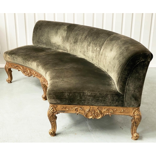 254 - SOFA, French style giltwood with curved back and deep green velvet upholstery, 230cm W.