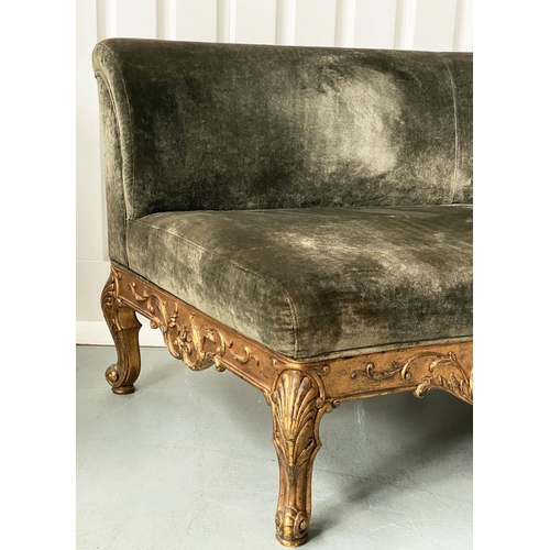 254 - SOFA, French style giltwood with curved back and deep green velvet upholstery, 230cm W.