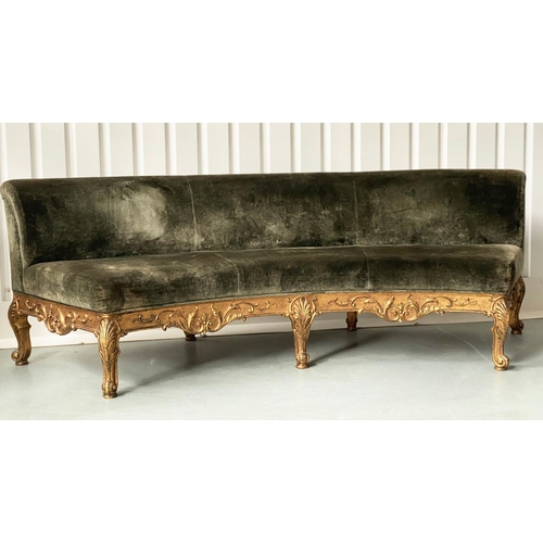 254 - SOFA, French style giltwood with curved back and deep green velvet upholstery, 230cm W.