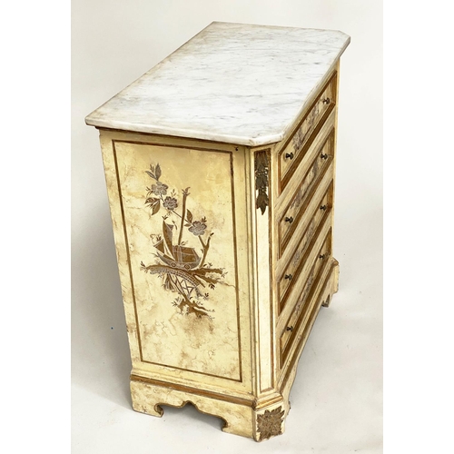 256 - COMMODE, 19th century French, cream lacquered and gilt chinoserie style decorated with four long dra... 