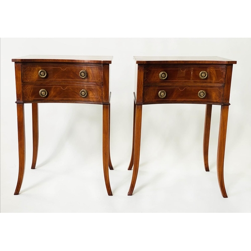 258 - LAMP TABLES, a pair, George III design flame mahogany each concave with two drawers and swept suppor... 