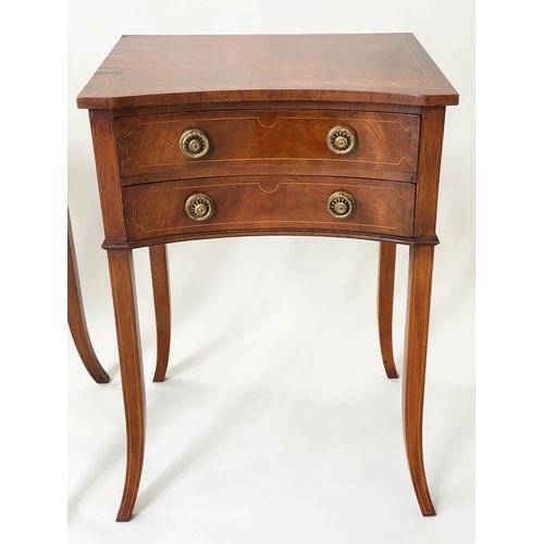 258 - LAMP TABLES, a pair, George III design flame mahogany each concave with two drawers and swept suppor... 