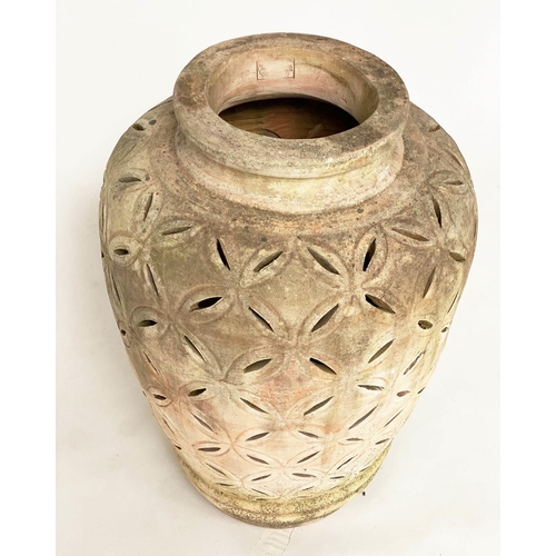 259 - OLIVE JAR, stamped weathered terracotta with crescent piercing throughout, 76cm H.