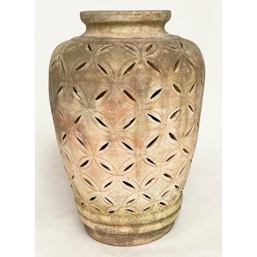 259 - OLIVE JAR, stamped weathered terracotta with crescent piercing throughout, 76cm H.