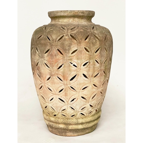 259 - OLIVE JAR, stamped weathered terracotta with crescent piercing throughout, 76cm H.