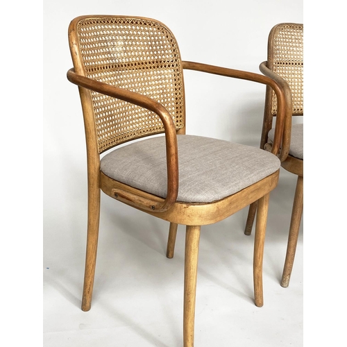 260 - CONSERVATORY ARMCHAIRS, a set of three mid 20th century, bentwood with arched caned backs and linen ... 