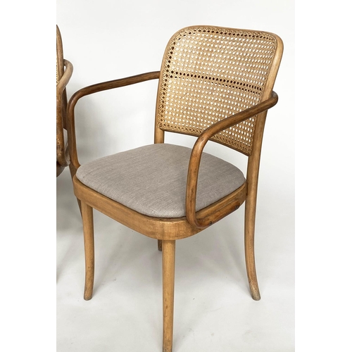 260 - CONSERVATORY ARMCHAIRS, a set of three mid 20th century, bentwood with arched caned backs and linen ... 