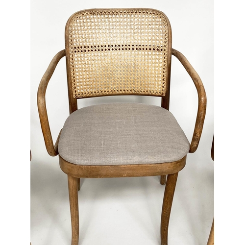 260 - CONSERVATORY ARMCHAIRS, a set of three mid 20th century, bentwood with arched caned backs and linen ... 