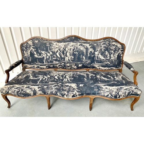 265 - CANAPE, 19th century French Louis XV style beechwood framed with deep indigo-blue neoclassical toile... 