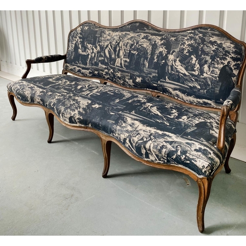 265 - CANAPE, 19th century French Louis XV style beechwood framed with deep indigo-blue neoclassical toile... 