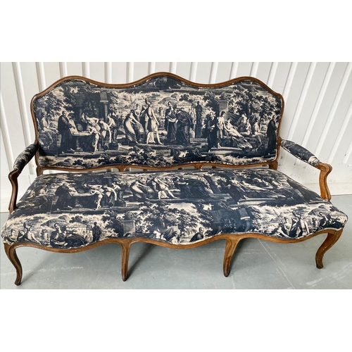 265 - CANAPE, 19th century French Louis XV style beechwood framed with deep indigo-blue neoclassical toile... 