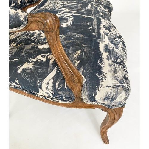 265 - CANAPE, 19th century French Louis XV style beechwood framed with deep indigo-blue neoclassical toile... 