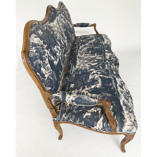 265 - CANAPE, 19th century French Louis XV style beechwood framed with deep indigo-blue neoclassical toile... 