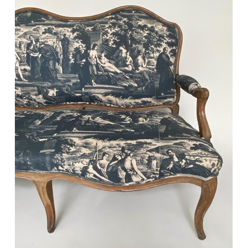 265 - CANAPE, 19th century French Louis XV style beechwood framed with deep indigo-blue neoclassical toile... 