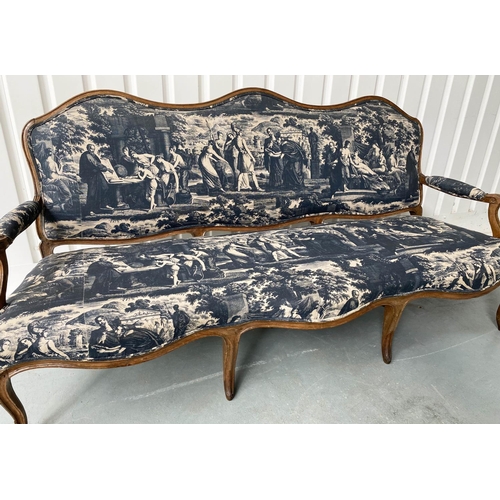 265 - CANAPE, 19th century French Louis XV style beechwood framed with deep indigo-blue neoclassical toile... 