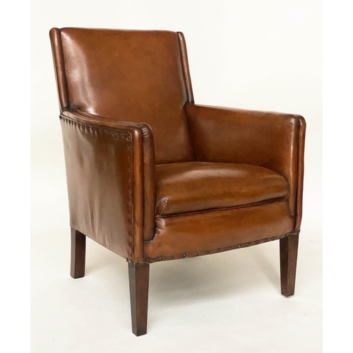 266 - ARMCHAIR, mid 20th century studded mid brown leather with tapering supports, 65cm W.