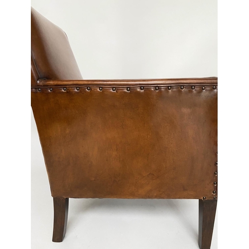 266 - ARMCHAIR, mid 20th century studded mid brown leather with tapering supports, 65cm W.