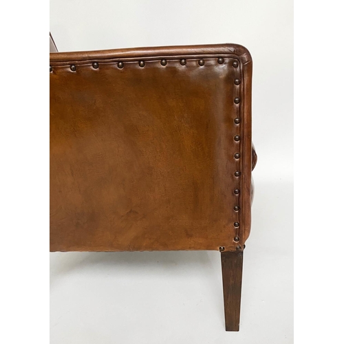 266 - ARMCHAIR, mid 20th century studded mid brown leather with tapering supports, 65cm W.