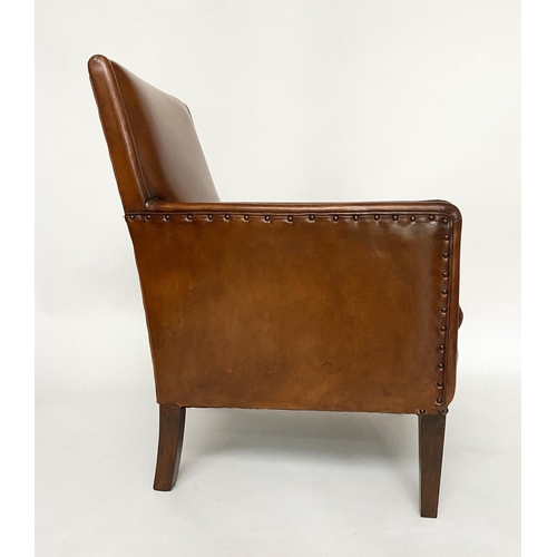 266 - ARMCHAIR, mid 20th century studded mid brown leather with tapering supports, 65cm W.