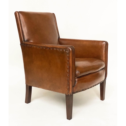 266 - ARMCHAIR, mid 20th century studded mid brown leather with tapering supports, 65cm W.