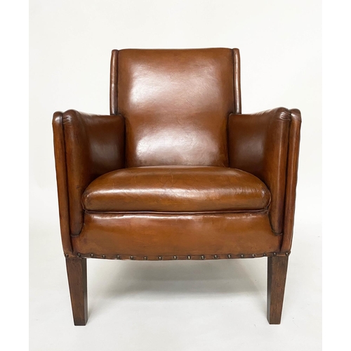 266 - ARMCHAIR, mid 20th century studded mid brown leather with tapering supports, 65cm W.