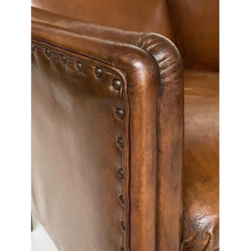 266 - ARMCHAIR, mid 20th century studded mid brown leather with tapering supports, 65cm W.