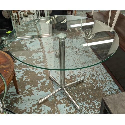 479 - FOLD DOWN DINING TABLE, 100cm diam., glass on polished metal base, quadraform feet,