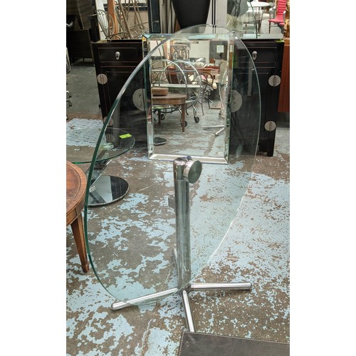 479 - FOLD DOWN DINING TABLE, 100cm diam., glass on polished metal base, quadraform feet,