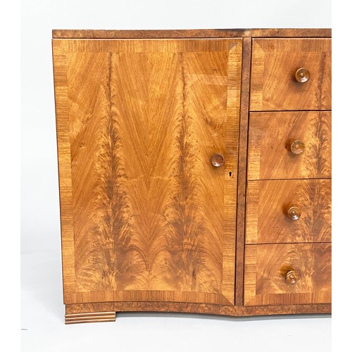 340 - SIDE CABINET, mid 20th century figured walnut with four concave drawers flanked by panelled doors, 1... 