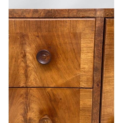 340 - SIDE CABINET, mid 20th century figured walnut with four concave drawers flanked by panelled doors, 1... 