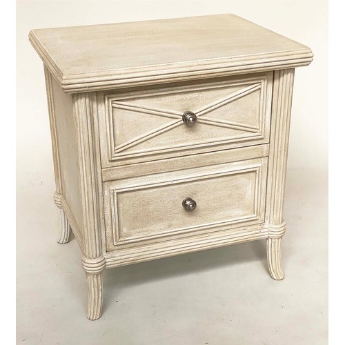 189 - BEDSIDE CHESTS, a pair, Scandinavian style grey painted, each with two drawers and reeded pillars, 5... 