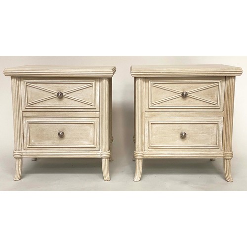 189 - BEDSIDE CHESTS, a pair, Scandinavian style grey painted, each with two drawers and reeded pillars, 5... 