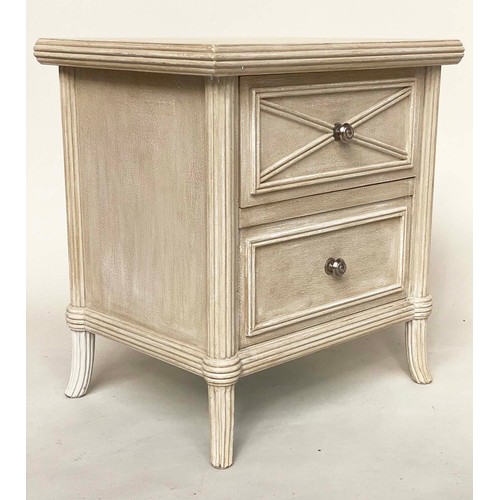 189 - BEDSIDE CHESTS, a pair, Scandinavian style grey painted, each with two drawers and reeded pillars, 5... 