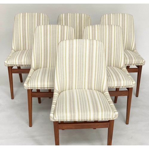 203 - DINING CHAIRS, a set of six, 1970s Danish style teak with striped upholstery. (6)