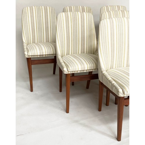 203 - DINING CHAIRS, a set of six, 1970s Danish style teak with striped upholstery. (6)