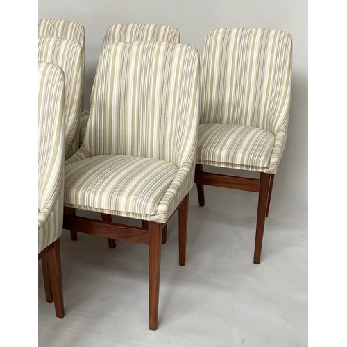 203 - DINING CHAIRS, a set of six, 1970s Danish style teak with striped upholstery. (6)