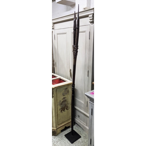 121 - SPEAR ON STAND, 202cm Long, wooden with metal and leather detail.