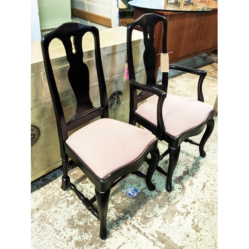 125 - DINING CHAIRS, a set of six, including two carvers each 53cm W, ebonised finish with gingham drop in... 