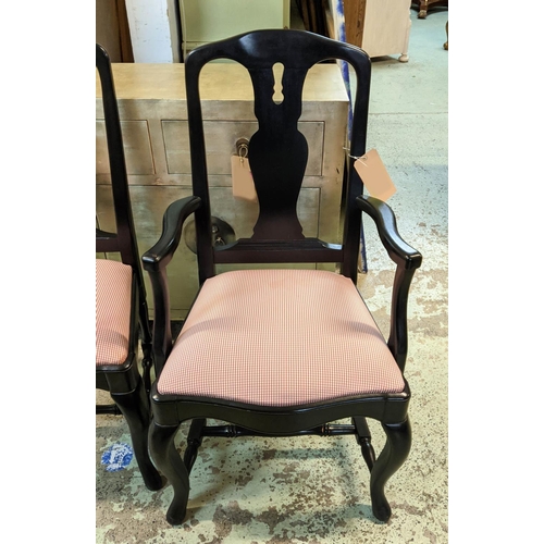 125 - DINING CHAIRS, a set of six, including two carvers each 53cm W, ebonised finish with gingham drop in... 