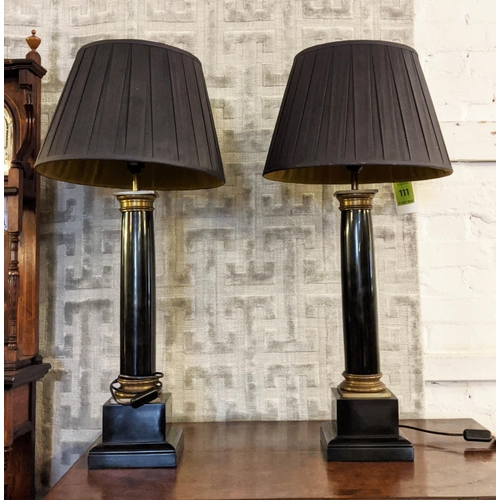 126 - COLUMN LAMPS, a pair each 85cm tall overall including shades, black with metal detail. (2)