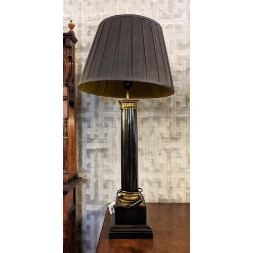 126 - COLUMN LAMPS, a pair each 85cm tall overall including shades, black with metal detail. (2)