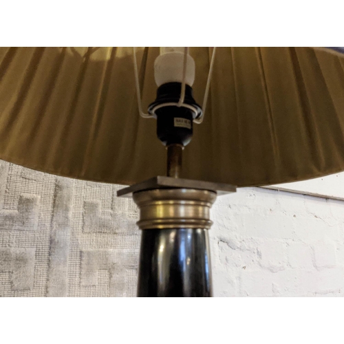 126 - COLUMN LAMPS, a pair each 85cm tall overall including shades, black with metal detail. (2)