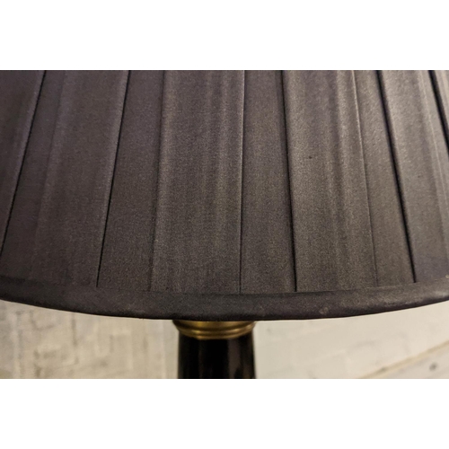 126 - COLUMN LAMPS, a pair each 85cm tall overall including shades, black with metal detail. (2)